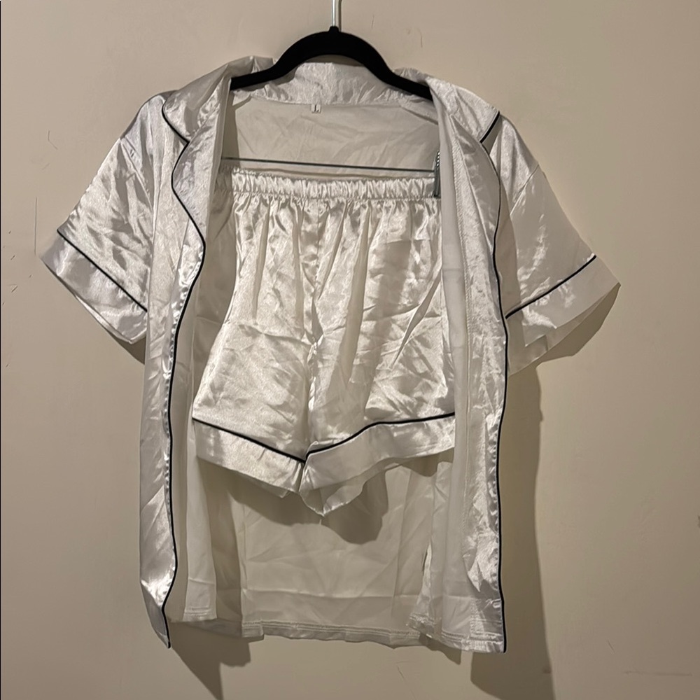 SHEIN Silver Satin Pajama Set with Black Trim